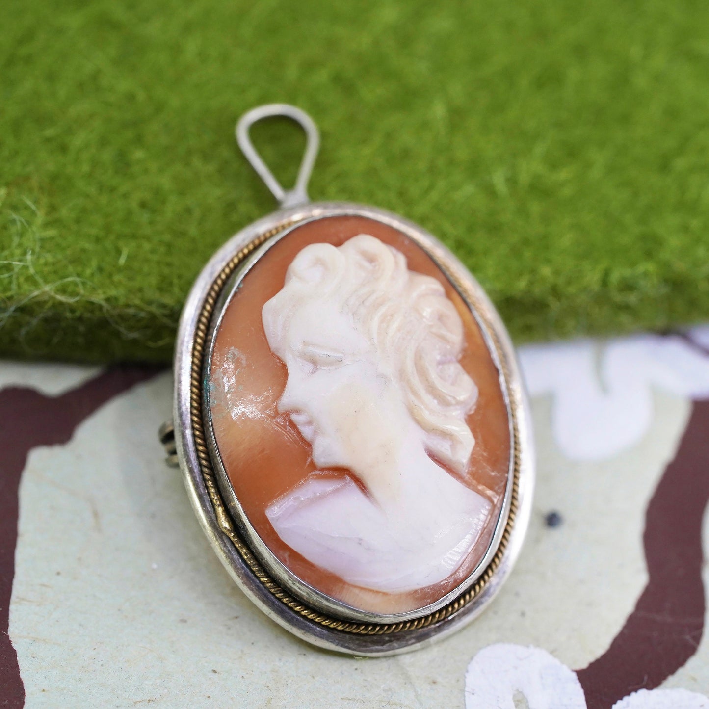 Germany Sterling silver handmade pendant, 800 oval brooch cameo carnelian girl