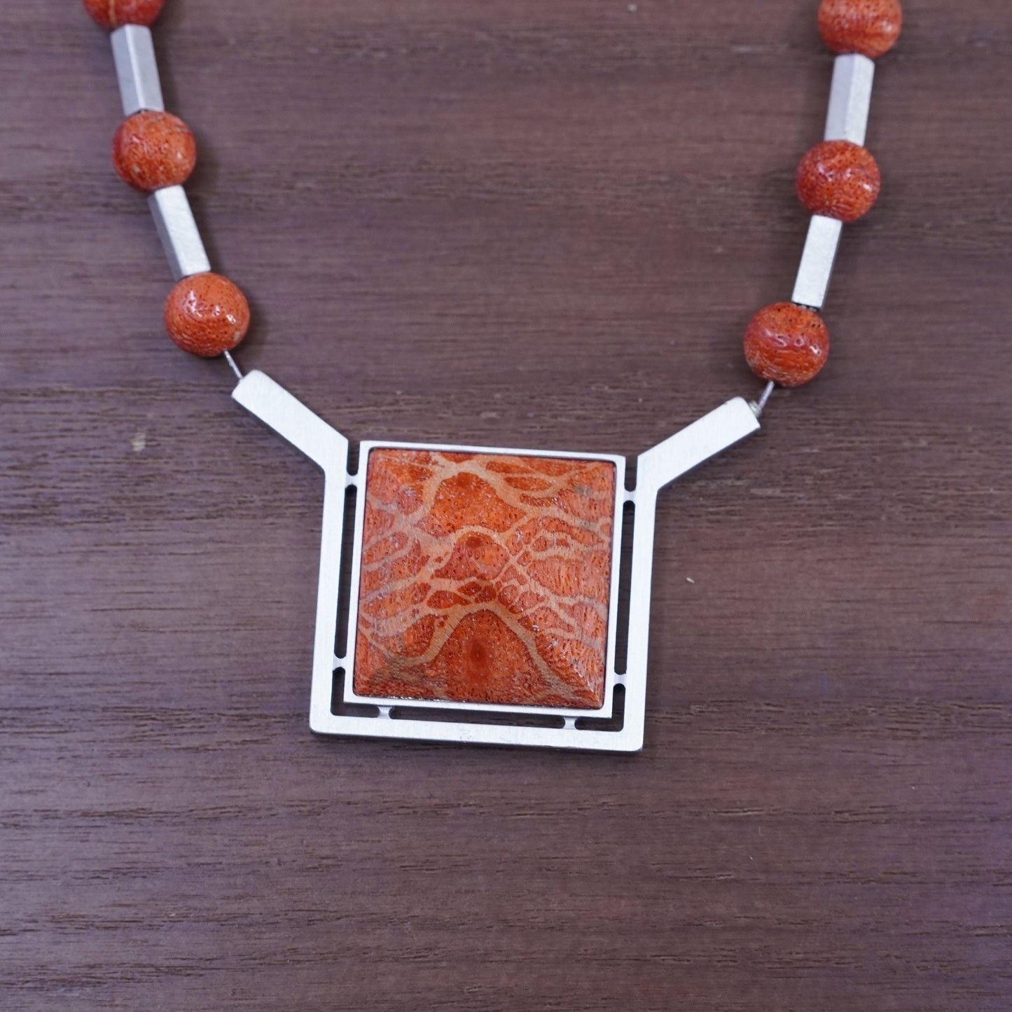 16+2”, Native American sterling silver 925 necklace, tube chain square coral