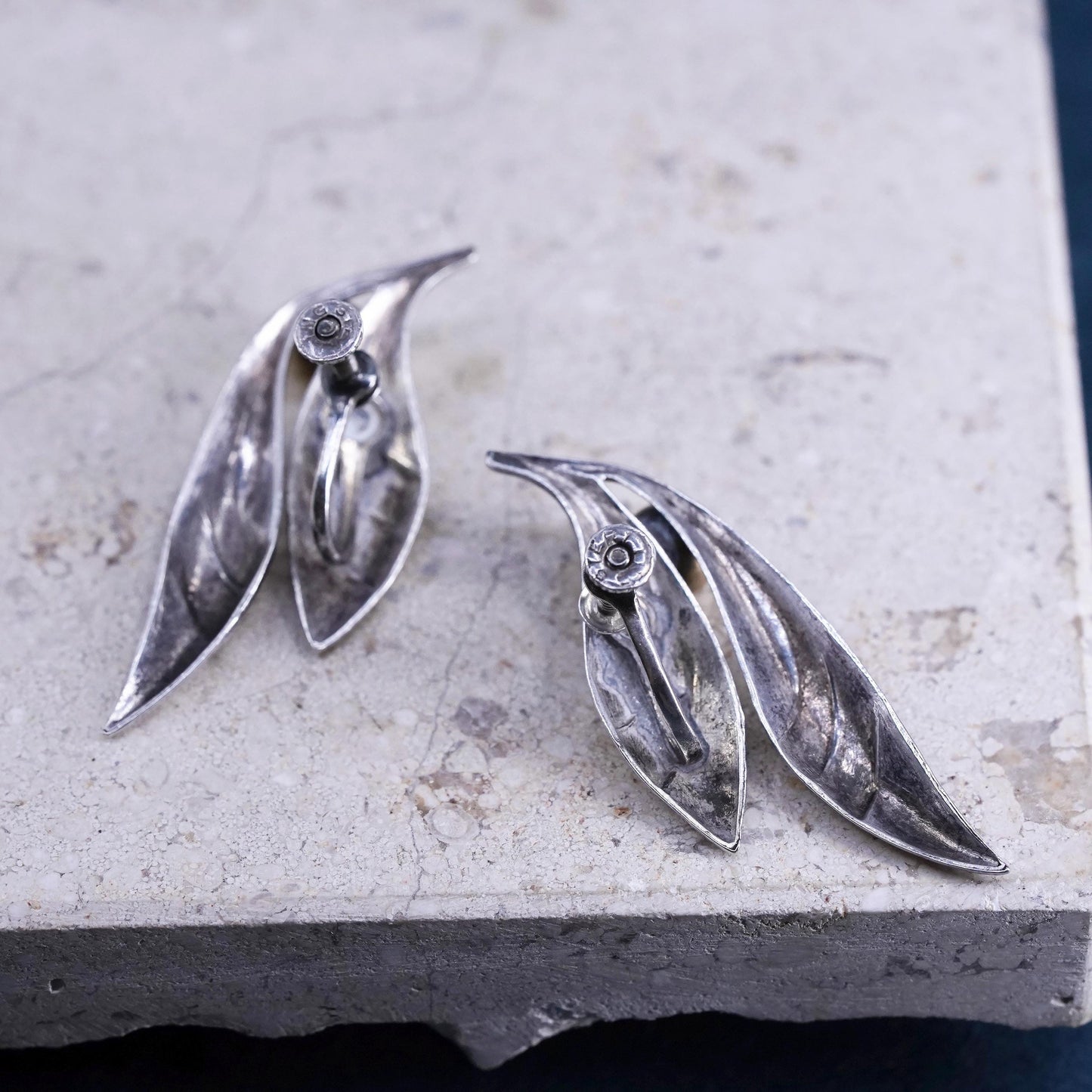 Vintage two tone Sterling silver screw back earrings, 925 leaves with gold head