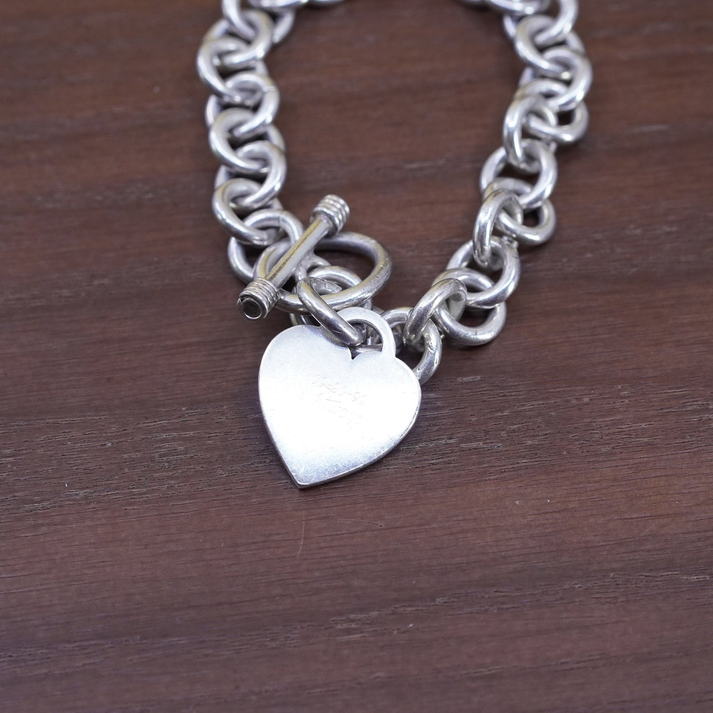 6.75", Sterling silver charm bracelet, 925 bold circle chain w/ heart tag charm