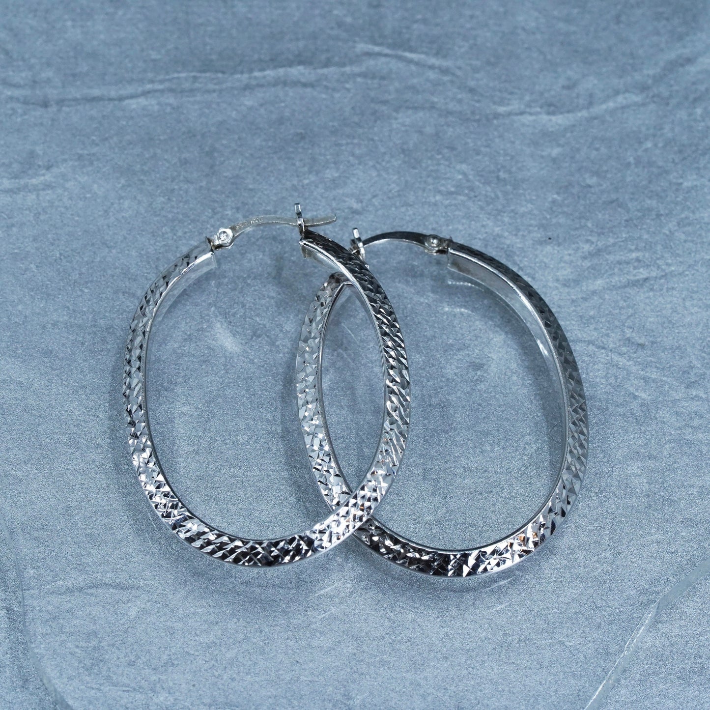 1.75”, vintage Sterling silver handmade earrings, 925 textured oval hoops