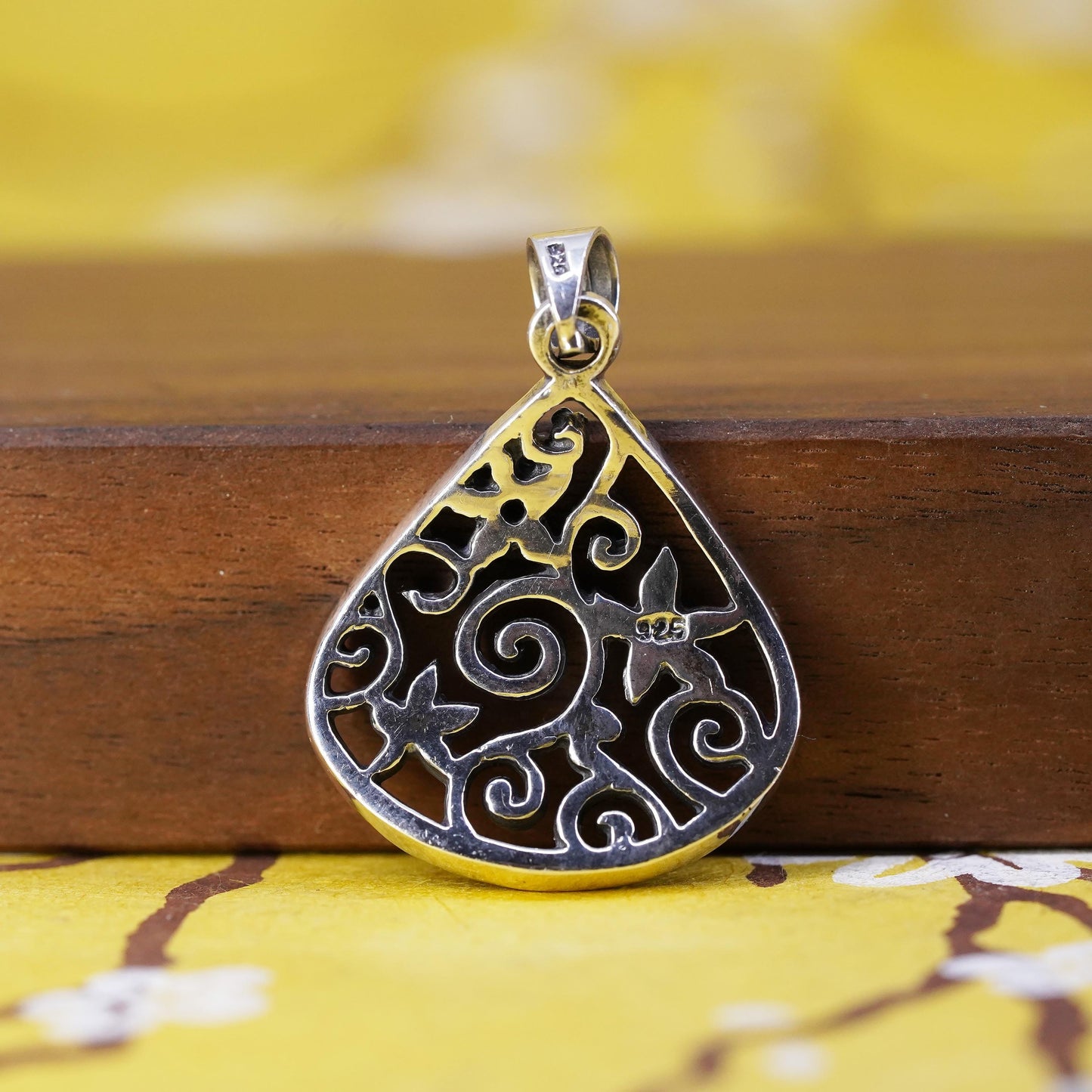 Vintage Sterling silver handmade pendant, 925 filigree puffy teardrop