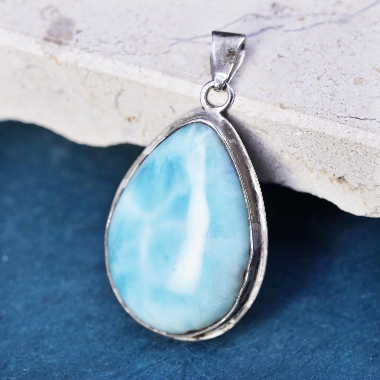 Vintage Sterling Silver Handmade Pendant, oxidized 925 silver teardrop larimar