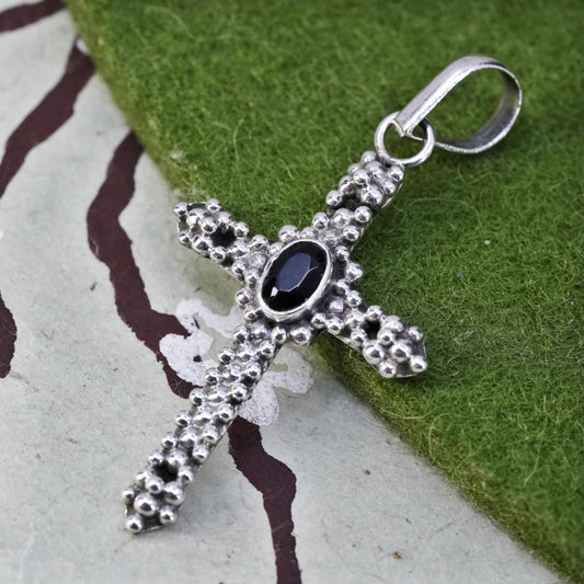 vintage sterling silver handmade pendant, 925 cross with onyx and beads around