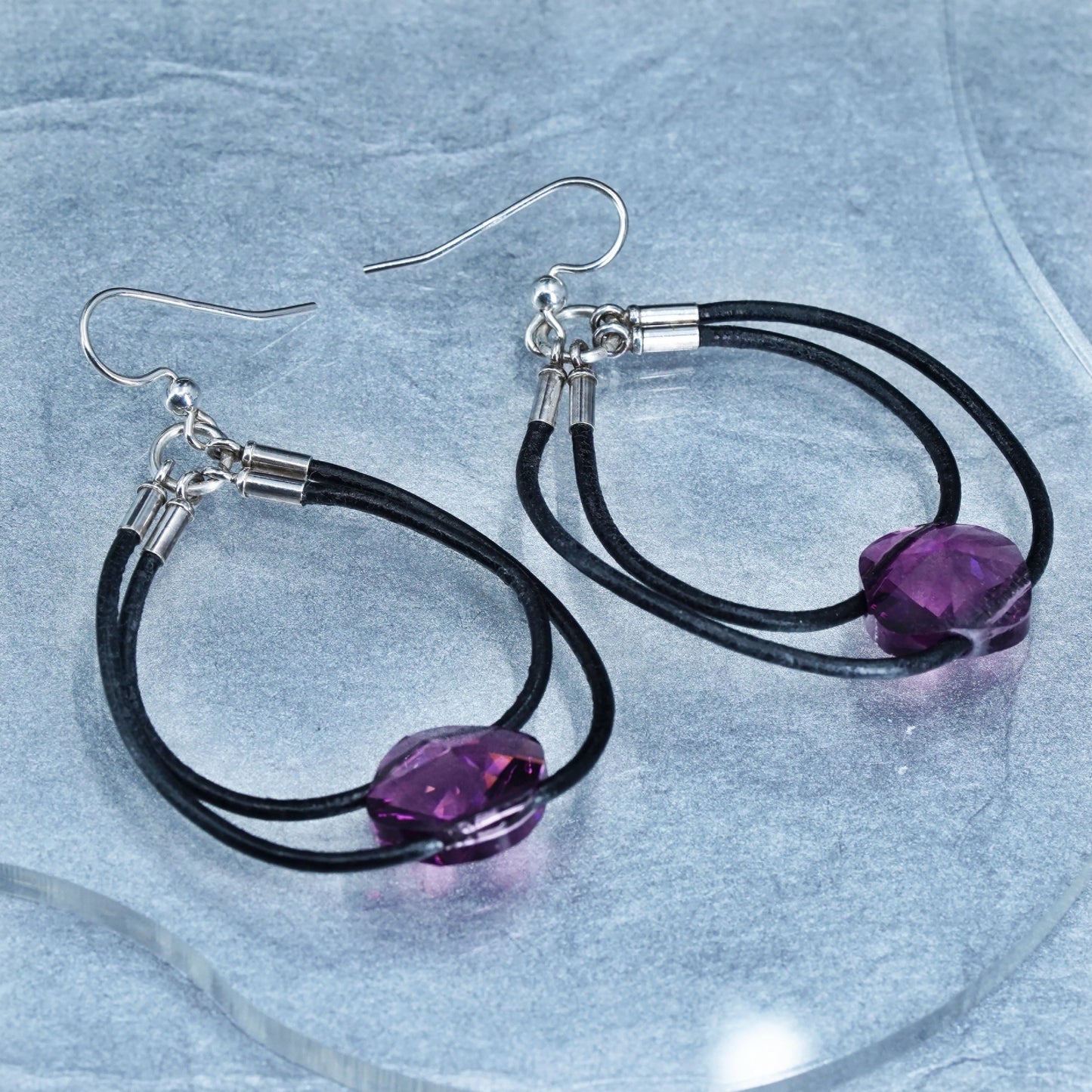 1.75”, vintage Sterling silver handmade earrings, 925 hooks with black leather amethyst