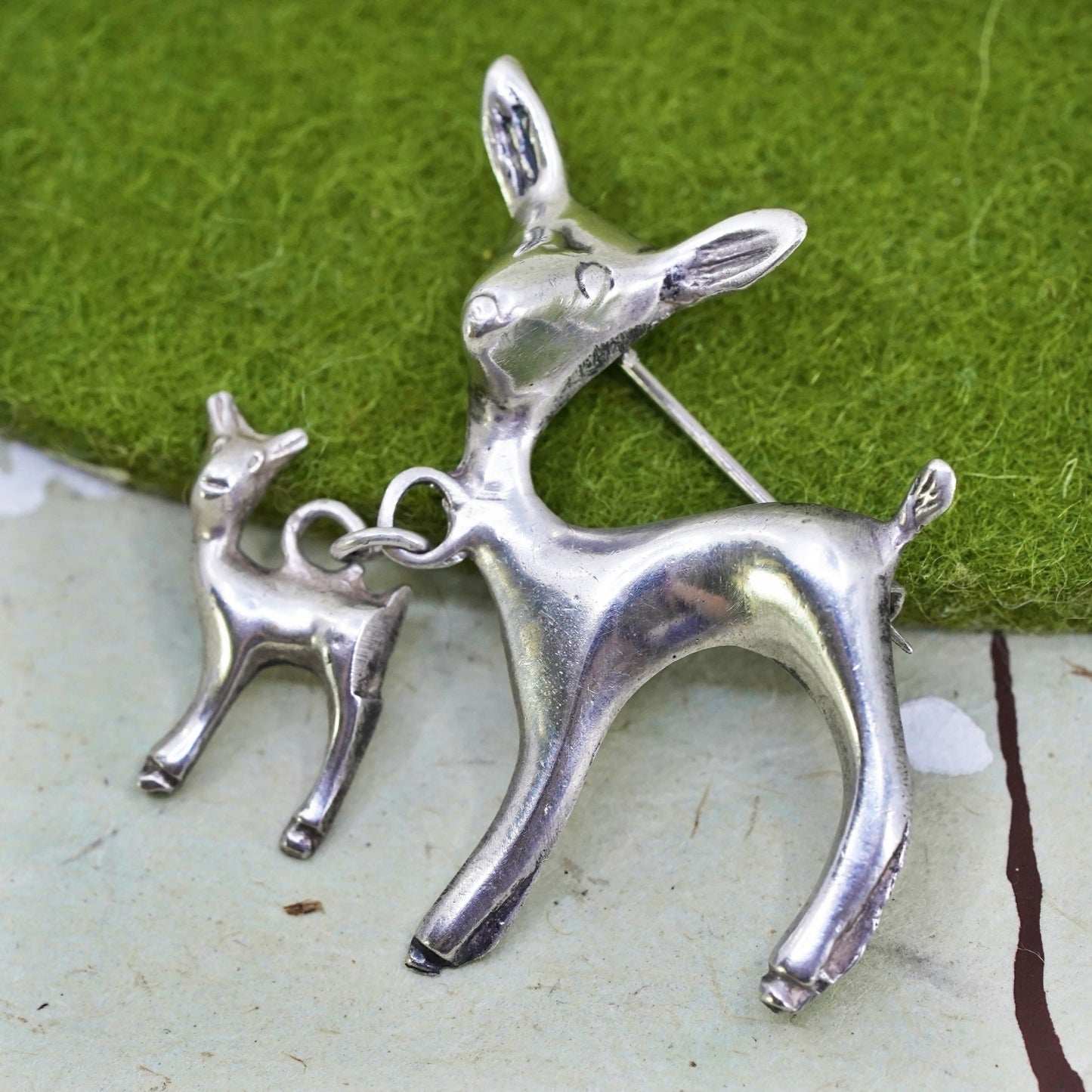 Vintage sterling silver handmade brooch, solid 925 silver deers, motherhood