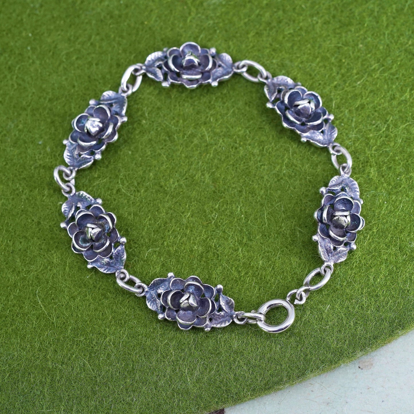 6.25", vintage sterling 925 silver handmade bracelet, flower link chain