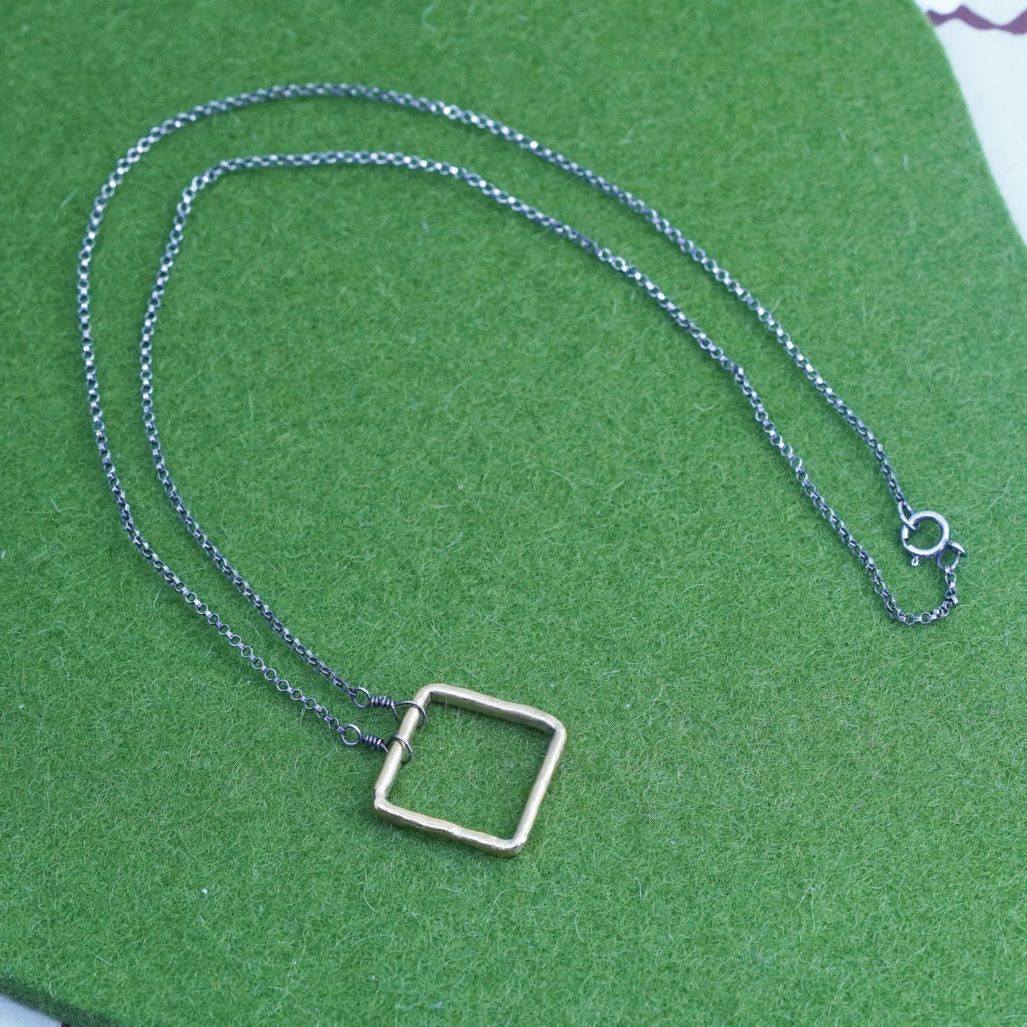 16”, Two Tone sterling silver necklace, 925 circle chain with square Pendant