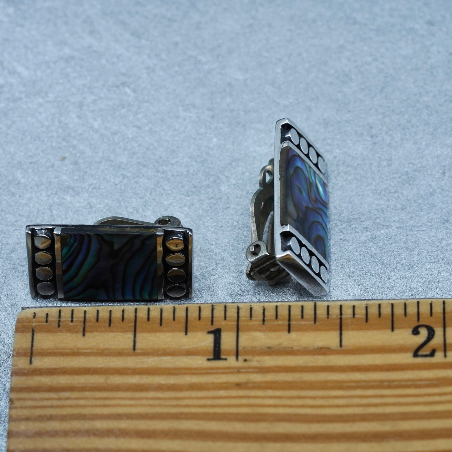 Vintage Sterling 925 silver handmade earrings, rectangular clip on with abalone