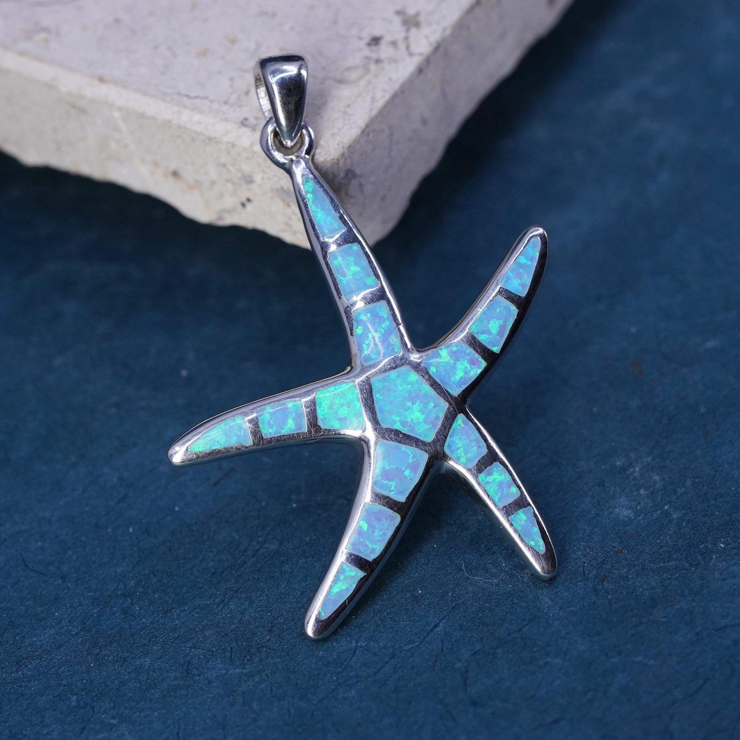 vintage sterling 925 silver handmade star starfish pendant with opal inlay