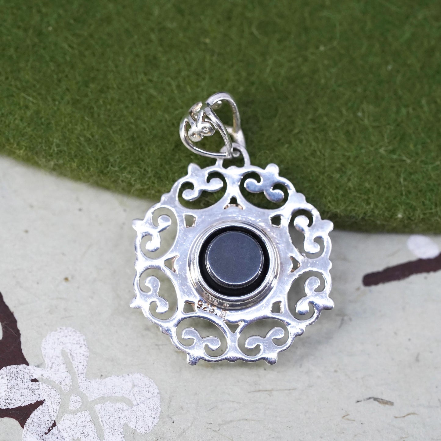 Vintage Sterling 925 silver filigree snowflake pendant with hematite