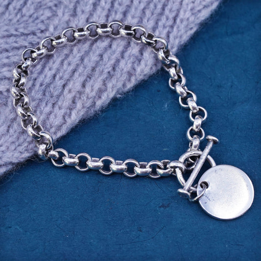 6.75", vintage Sterling silver bracelet, 925 bold circle chain circle tag charm
