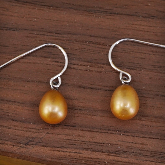 Vintage Sterling silver handmade earrings, 925 hooks with golden pearl drops