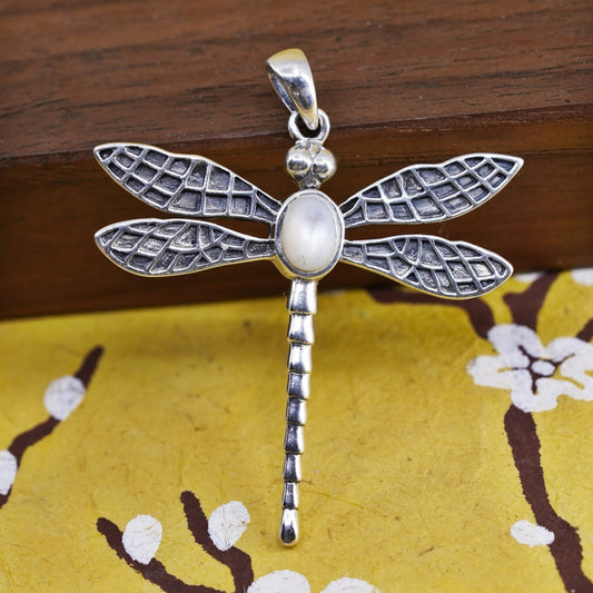 Vintage Sterling 925 silver handmade dragonfly pendant with mother of pearl