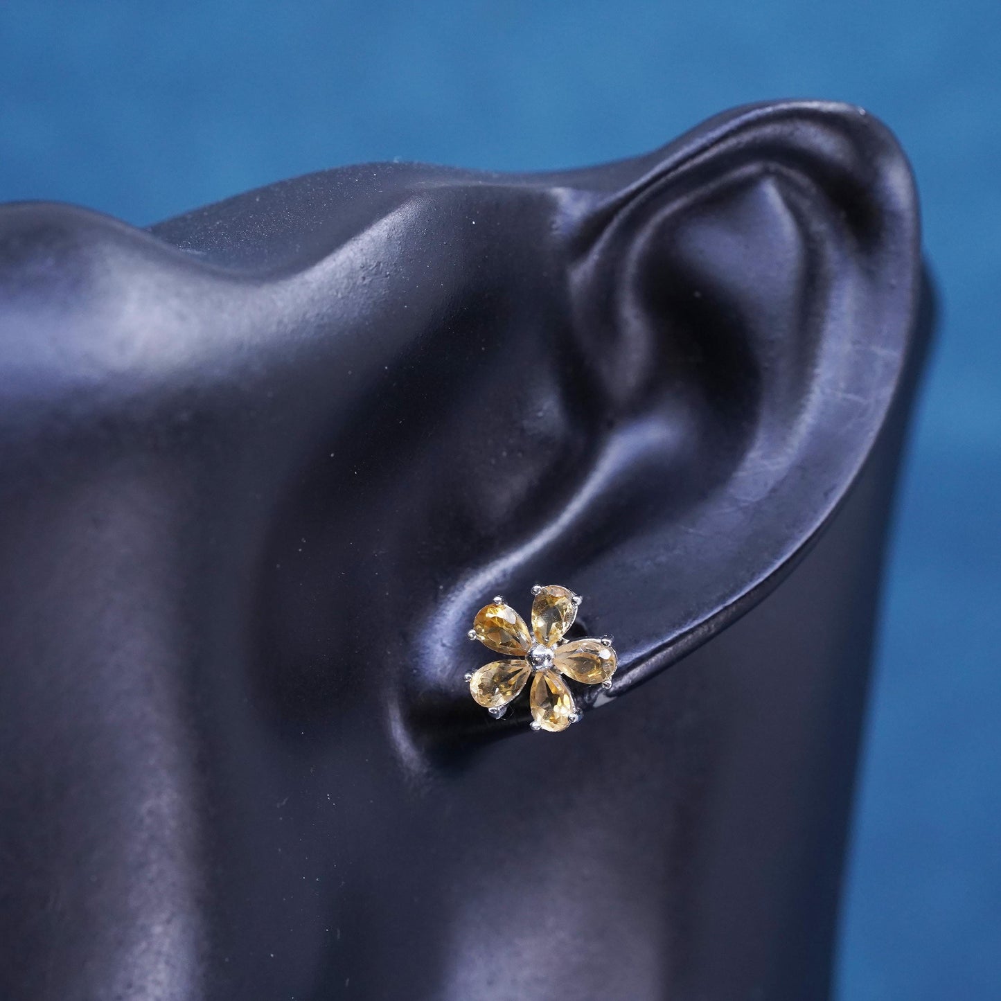 Vintage Sterling silver handmade earrings, 925 flower studs with citrine