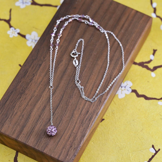 16+2" Sterling silver necklace, 925 circle chain with pink crystal bead pendant