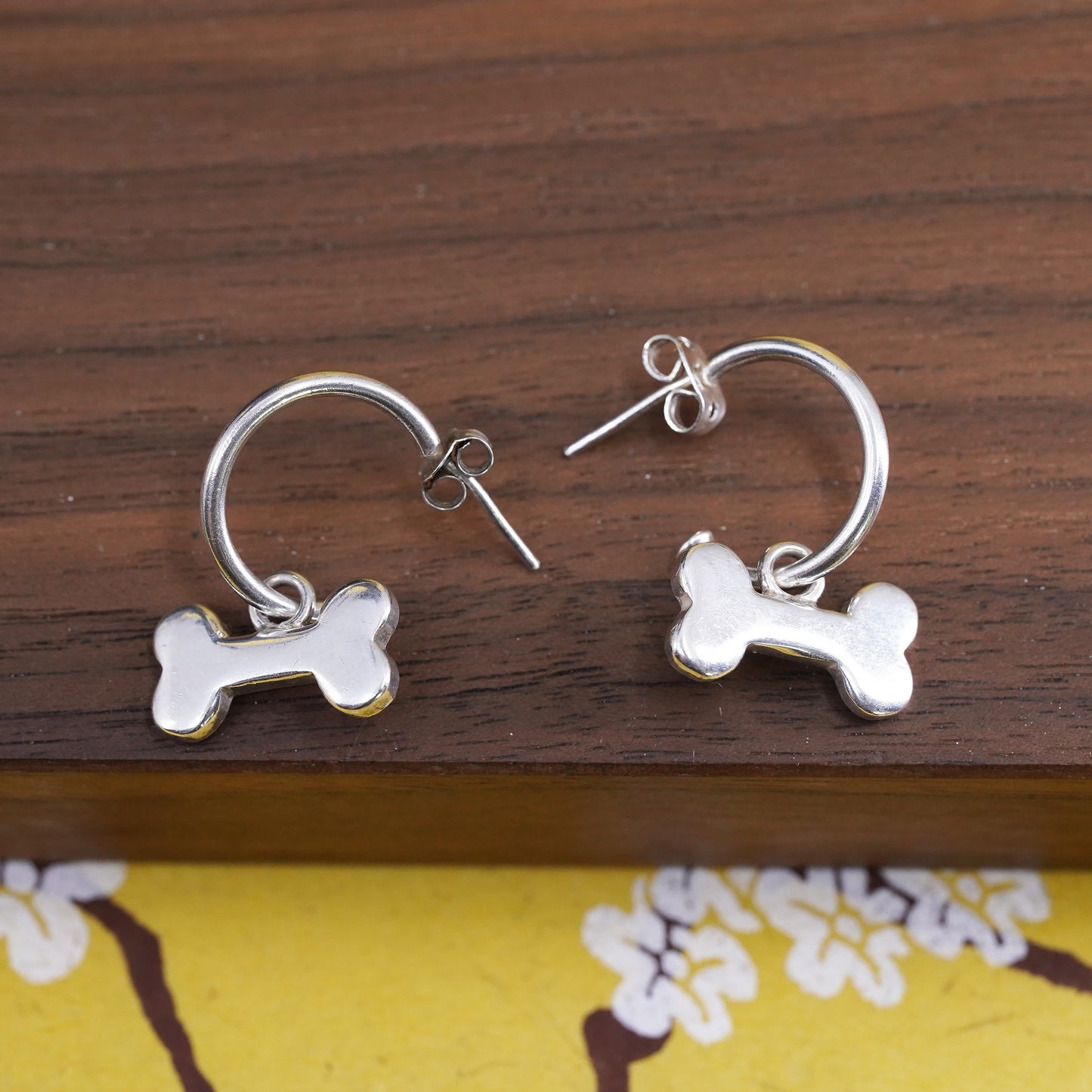 0.5”, Sterling 925 silver handmade earrings, 925 hoops with dog bone charms