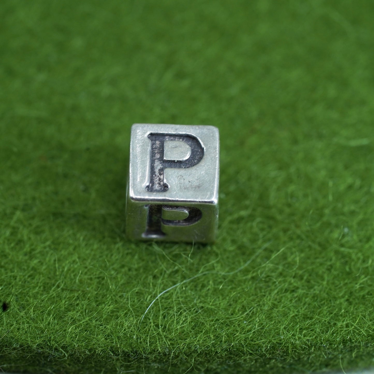 Vintage sterling silver handmade pendant, 925 cube charm engraved letter “P”