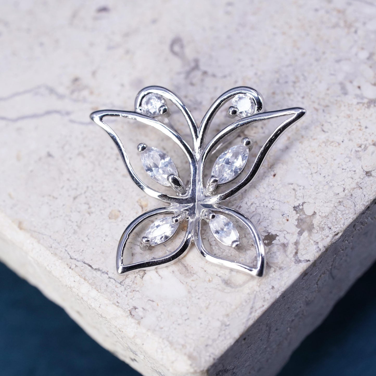 Vintage Sterling 925 silver handmade butterfly pendant, with cluster cz