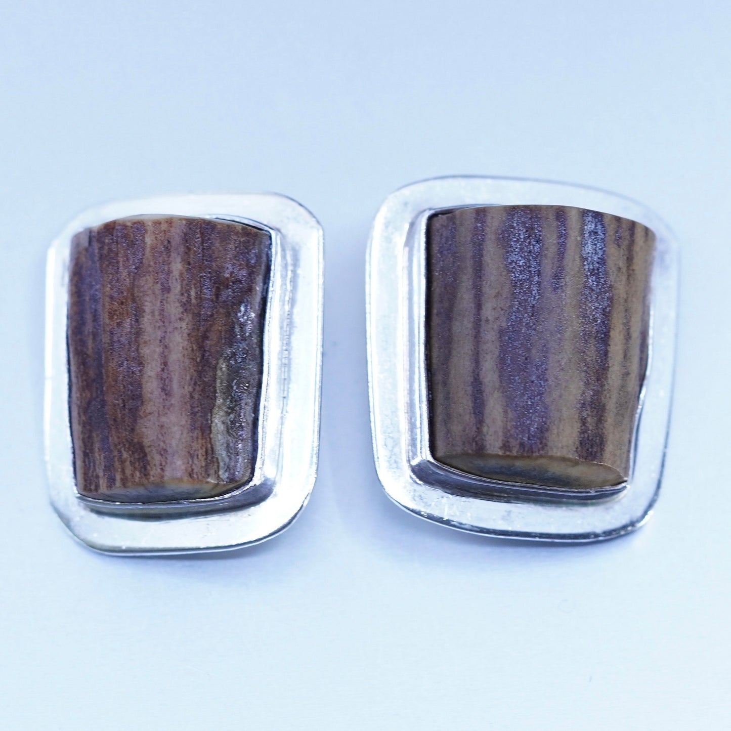 Designed by RKR modern Sterling silver earrings, 925 studs with fossil wood