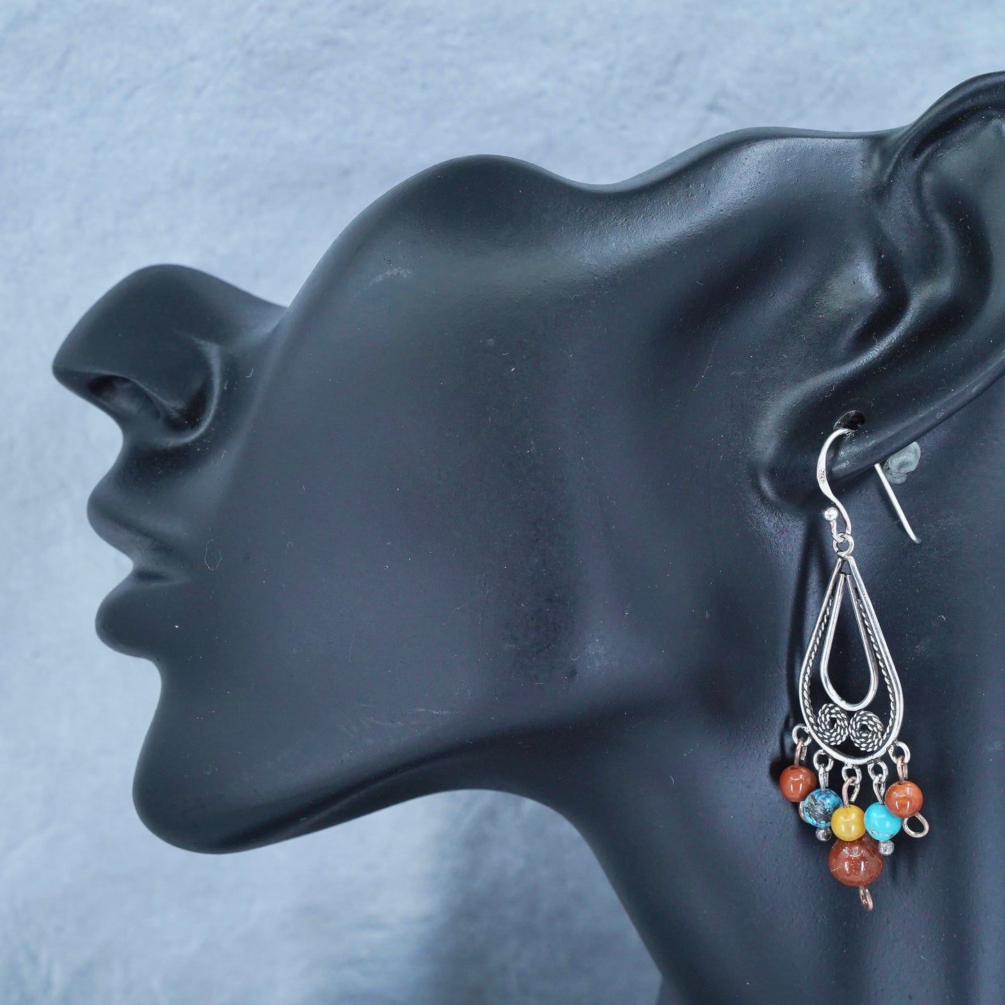 Vintage Sterling 925 silver filigree teardrop earrings with turquoise jasper