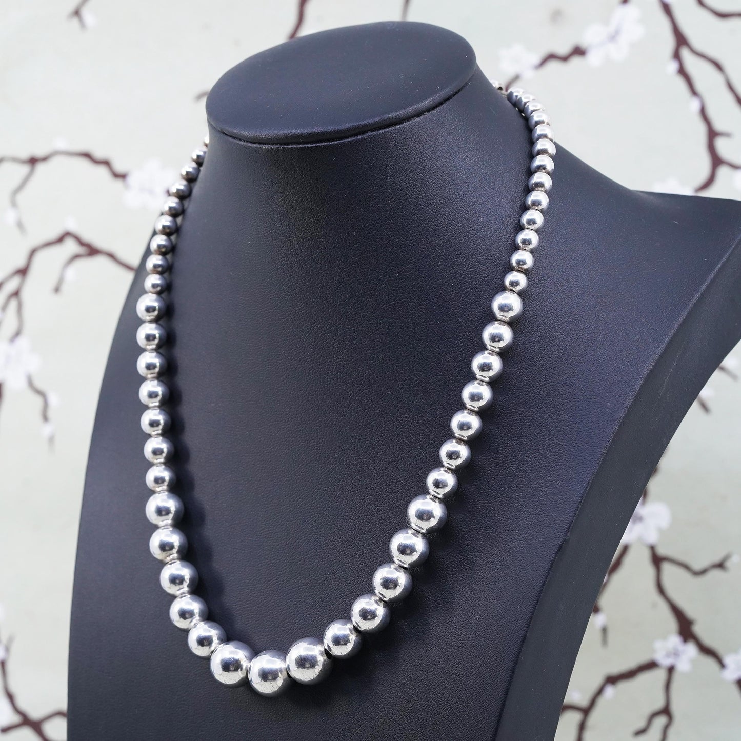 18” Vintage sterling 925 silver handmade graduated beads necklace