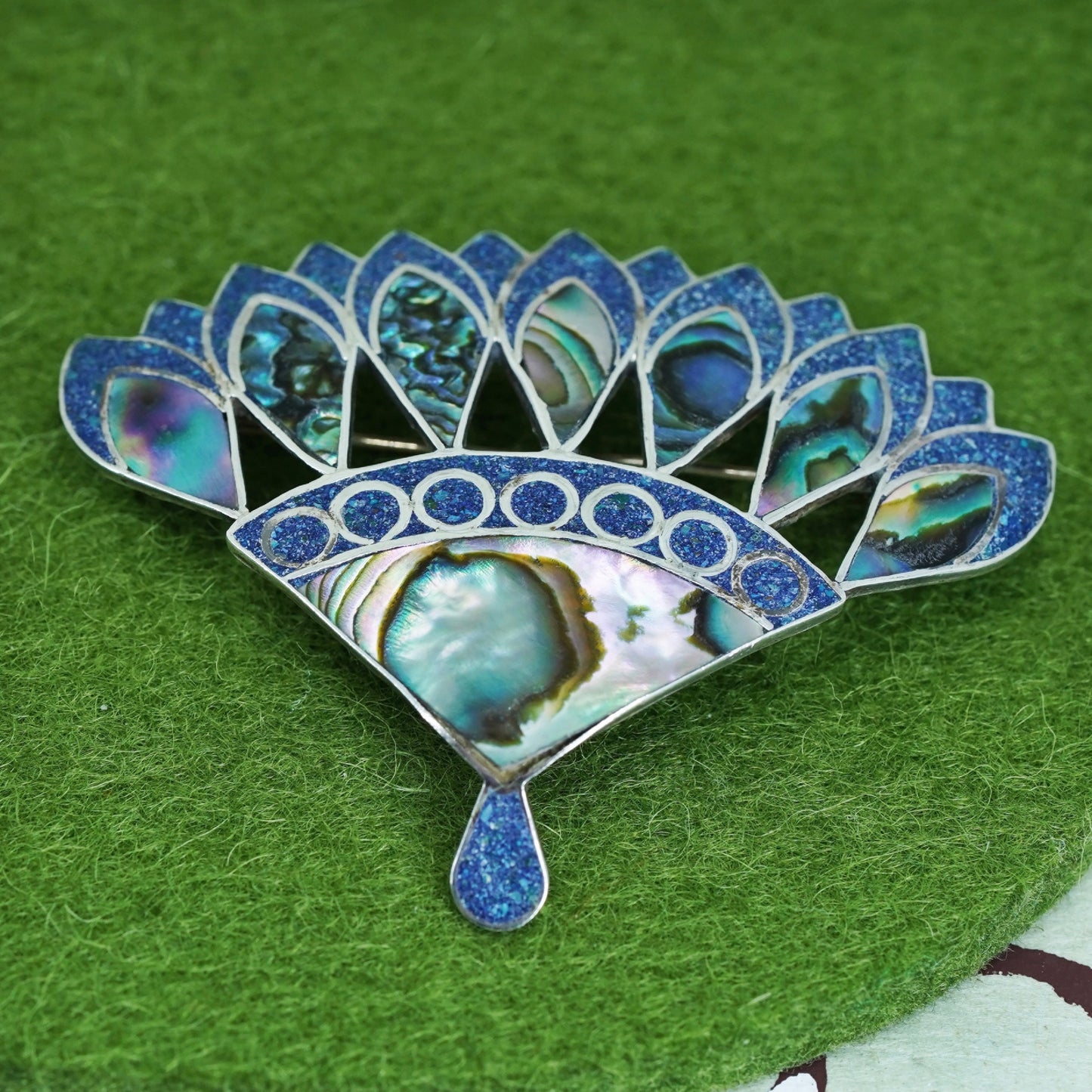 vintage Sterling silver handmade pendant brooch, 925 fan brooch with abalone