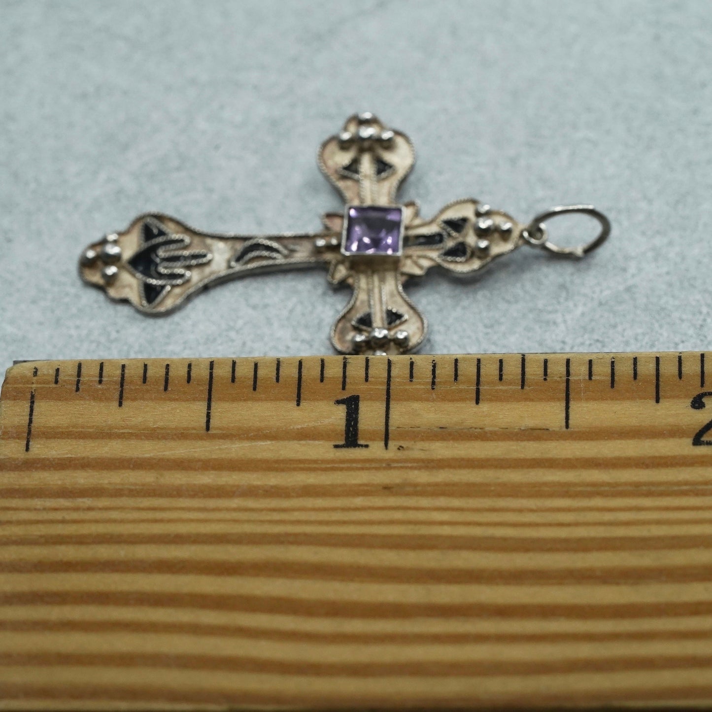 vintage sterling 925 silver handmade cross pendant with amethyst