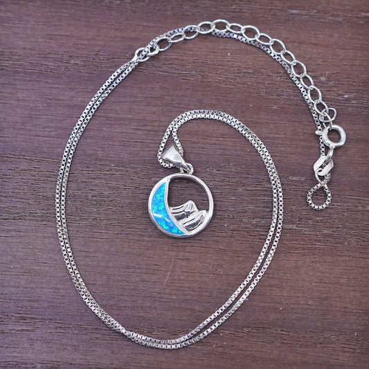 16”, Sterling 925 silver necklace, box chain with moon pendant with opal inlay