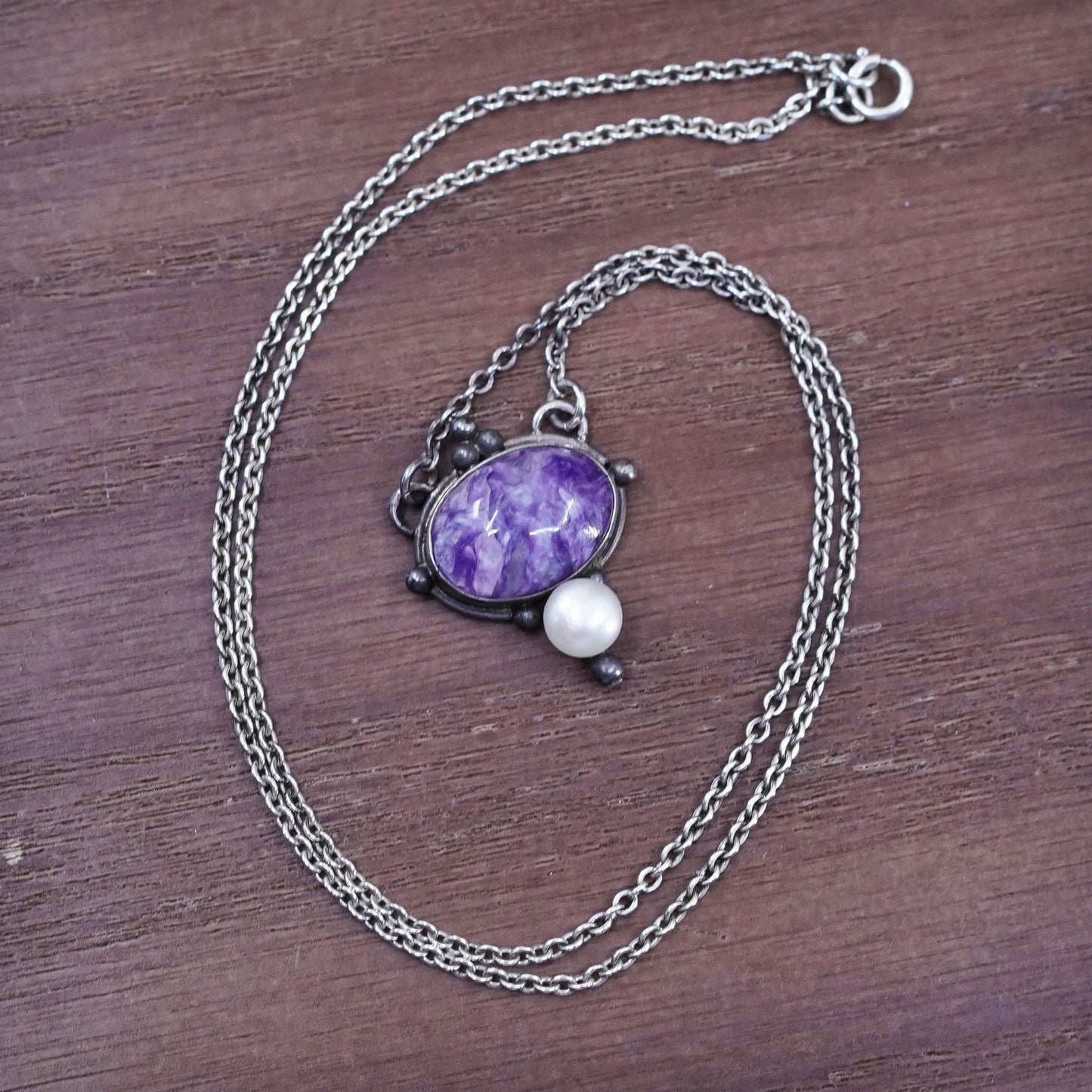 16”, handmade necklace, 925 silver circle chain with Charoite and pearl pendant