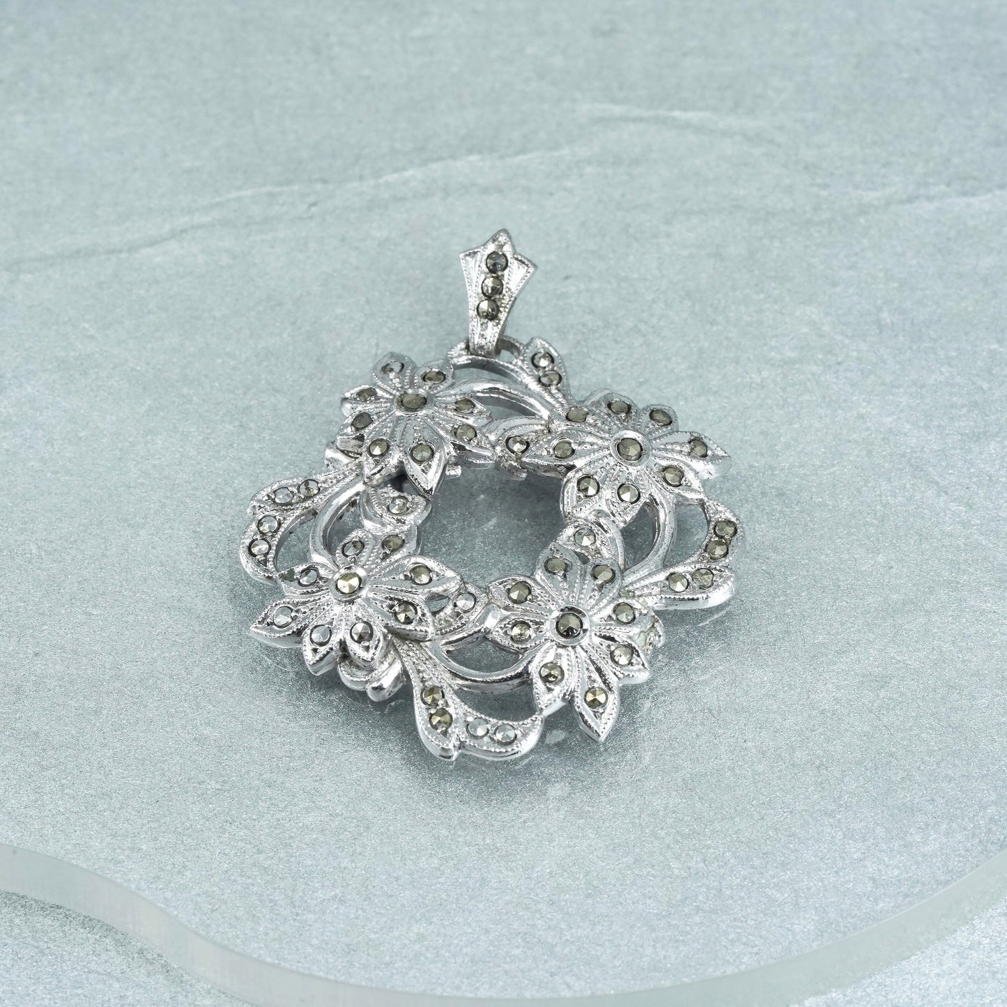 vintage Sterling silver handmade charm, 925 flower pendant with marcasite