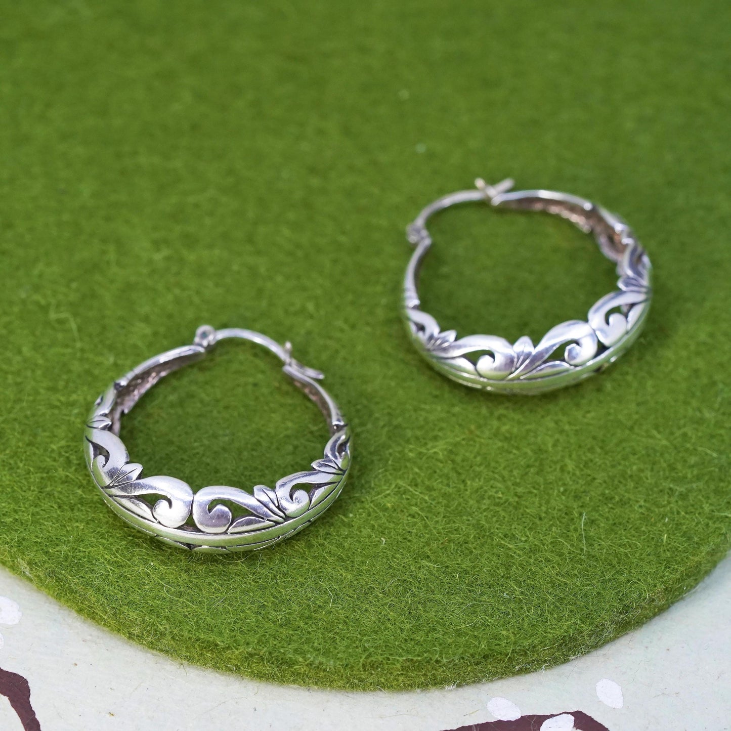 1.25", Vintage sterling silver loop earrings, filigree hoops