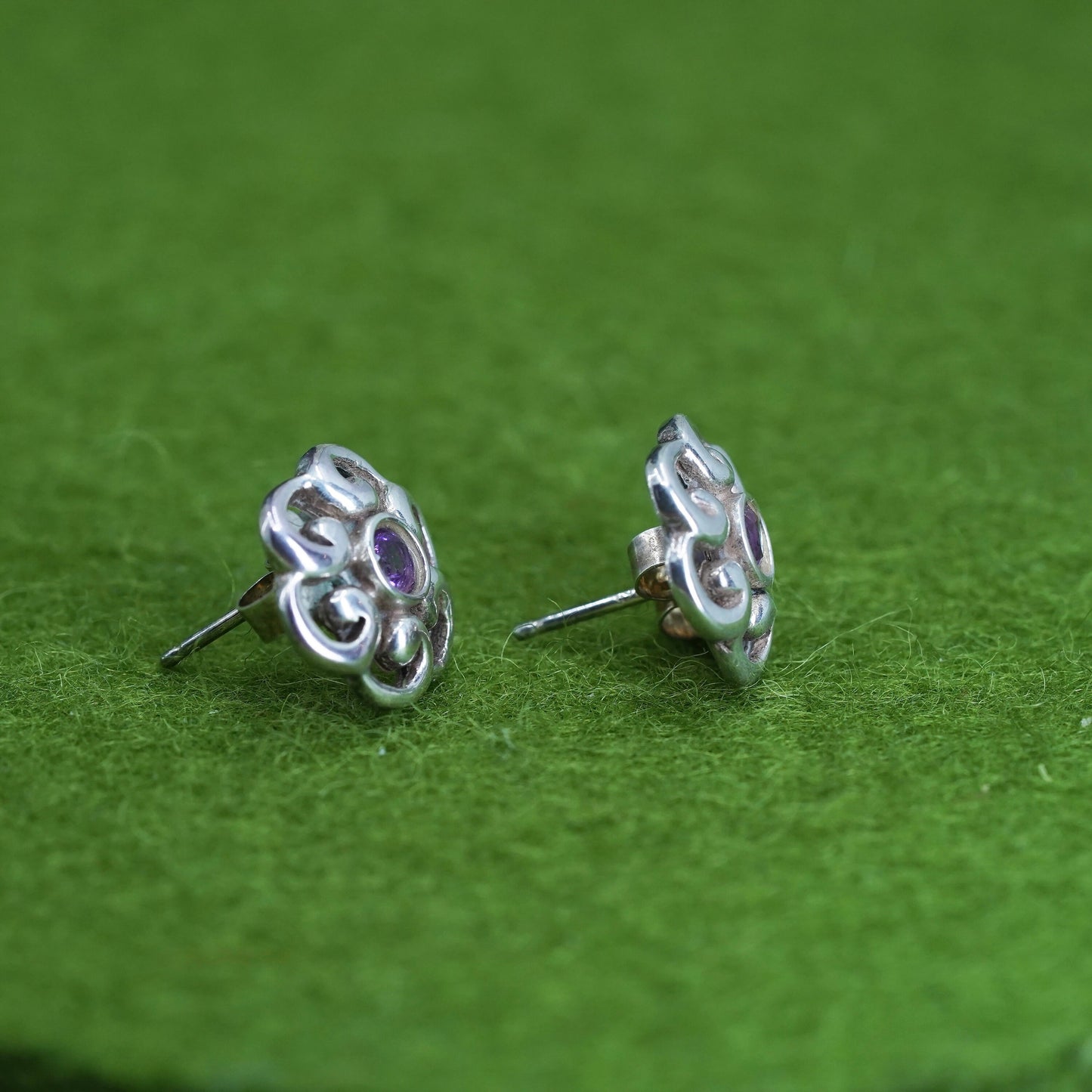 Vintage Sterling silver handmade earrings, 925 flower studs with amethyst