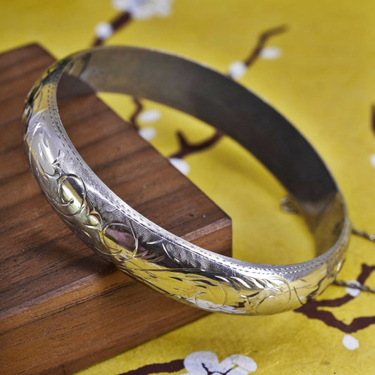 7.25”, Vintage Sterling silver handmade bracelet, 925 textured hinged bangle