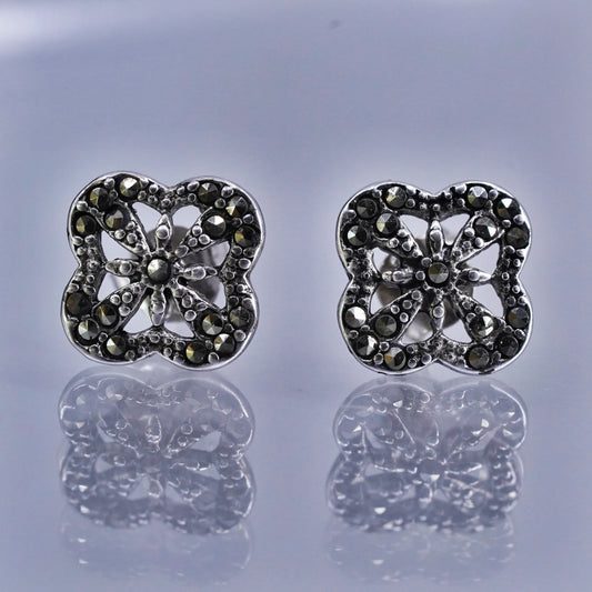 Vintage Sterling 925 silver handmade earrings, square studs with Marcasite