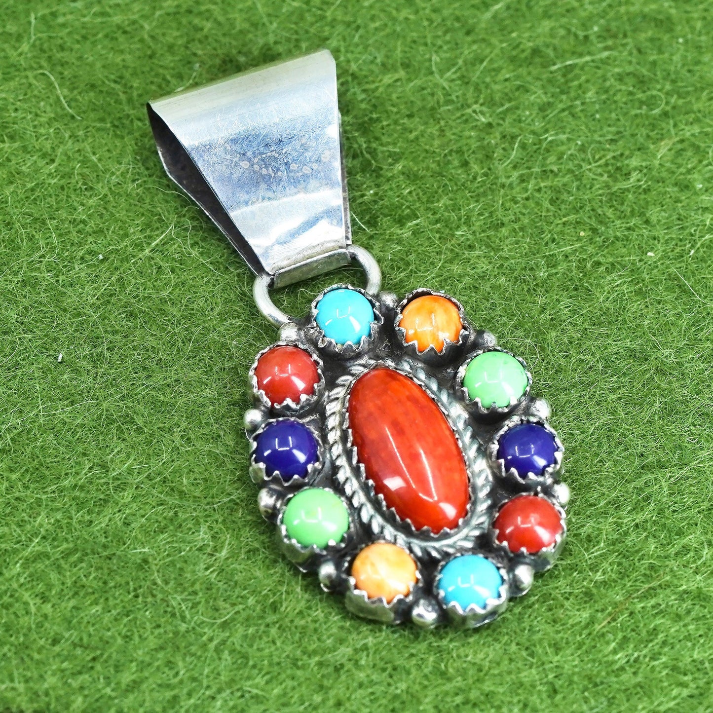 Native American SL sterling silver 925 handmade oval pendant turquoise coral