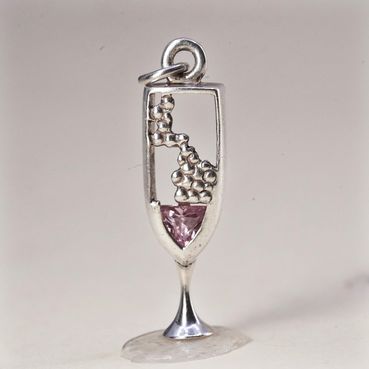 VTG sterling silver handmade pendant, 925 champagne glass charm pink crystal