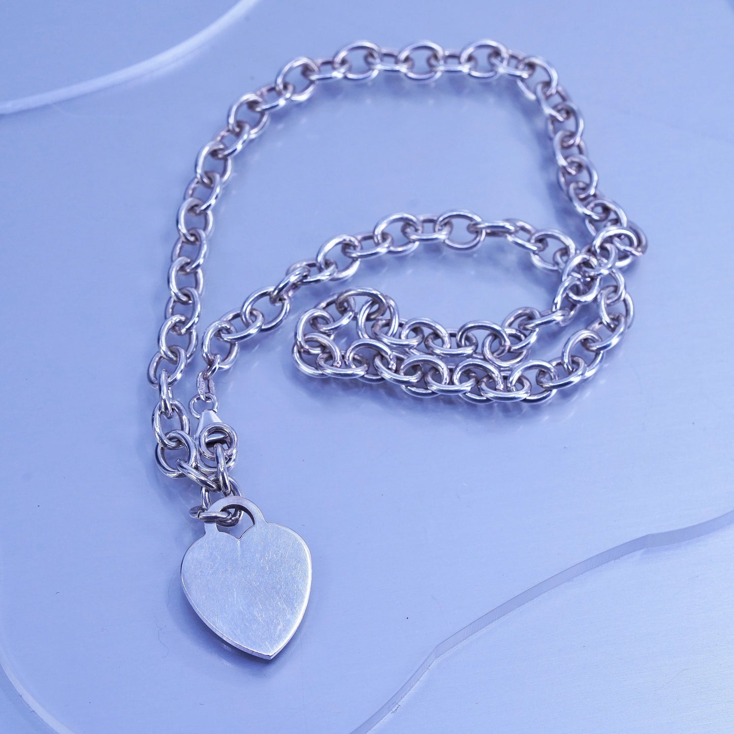 18” 7mm, vintage Sterling 925 silver handmade circle necklace with heart charm