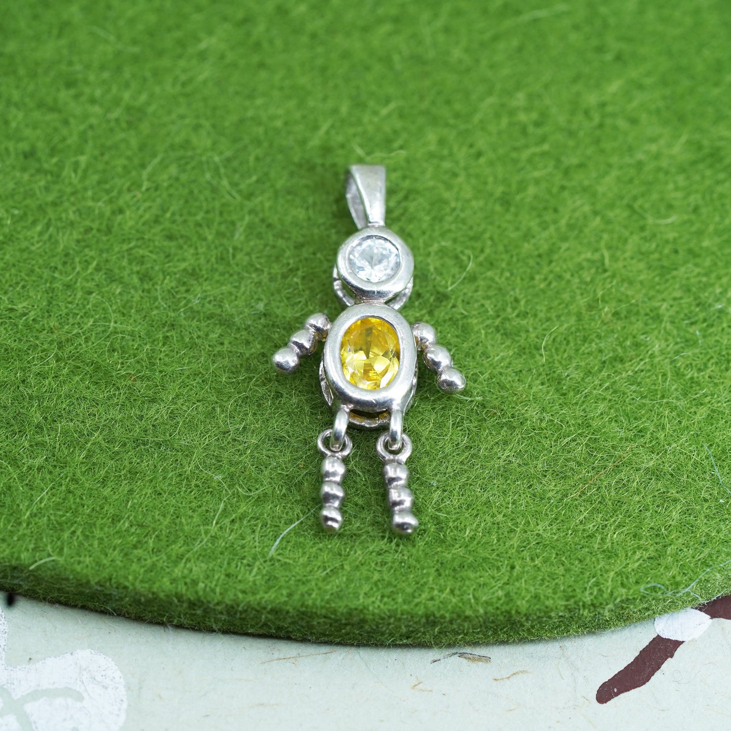 Vintage sterling 925 silver birthstone pendant boy figure charm with citrine