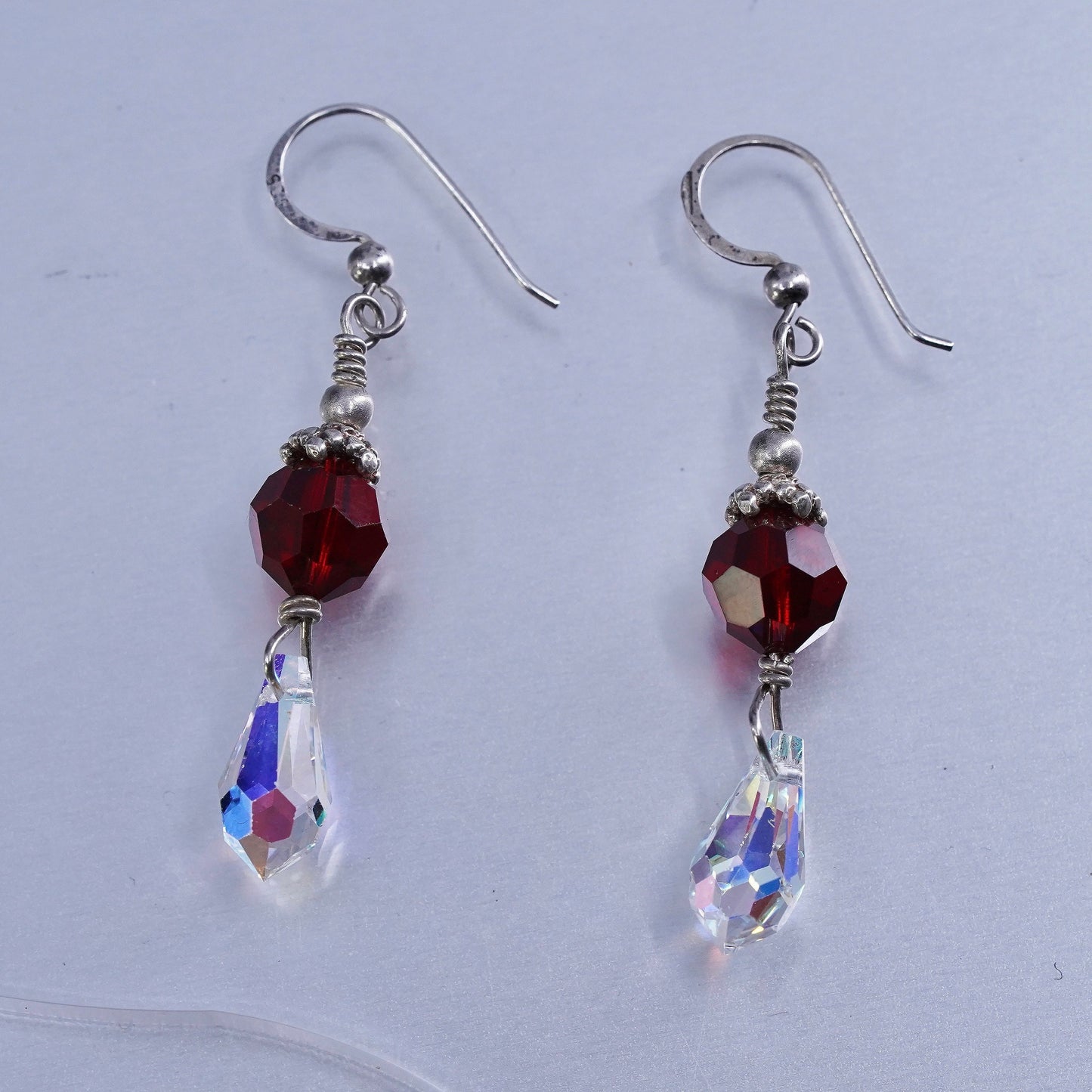 Vintage Sterling 925 silver earrings with ruby and teardrop crystal