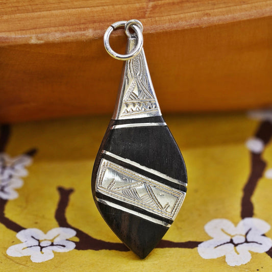 Vintage Sterling 925 silver handmade teardrop pendant with black wood