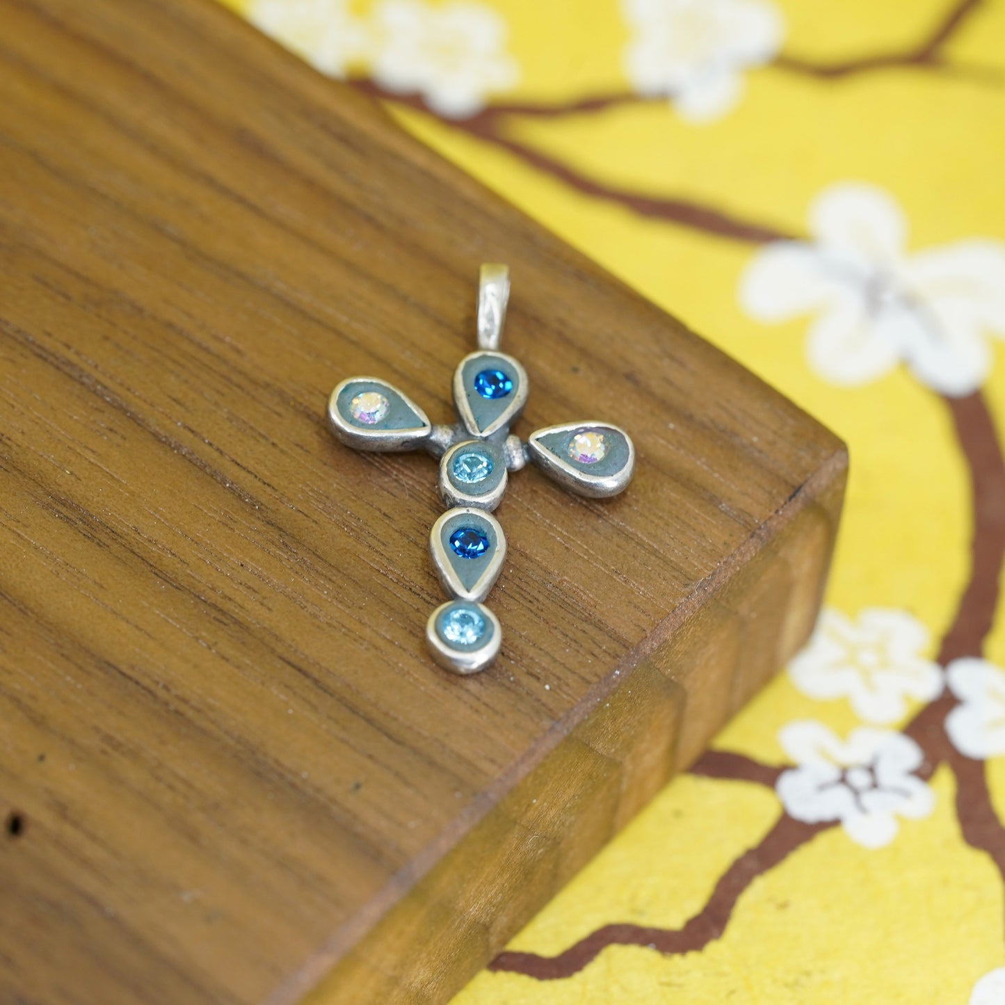 vtg southwestern Sterling silver handmade pendant, 925 cross with colorful Cz