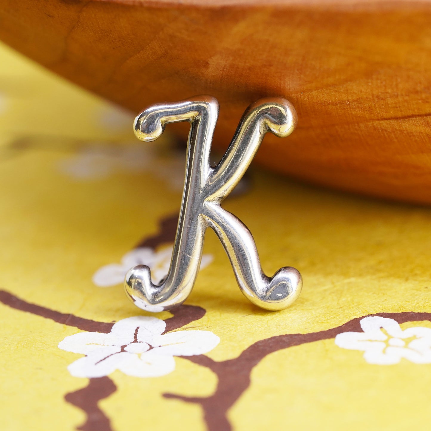 Vintage handmade sterling 925 silver brooch with initial letter “K”