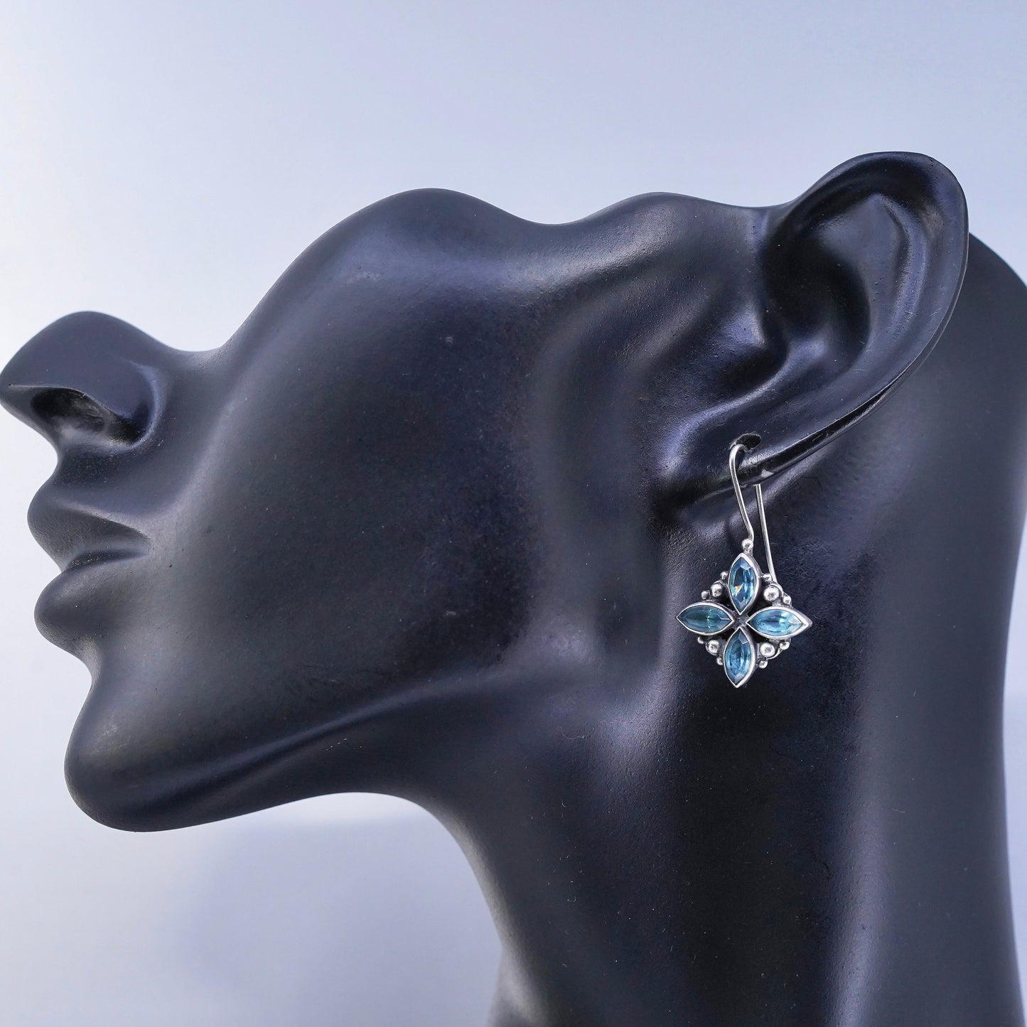 Vintage Sterling 925 silver beaded diamond shaped earrings with blue topaz