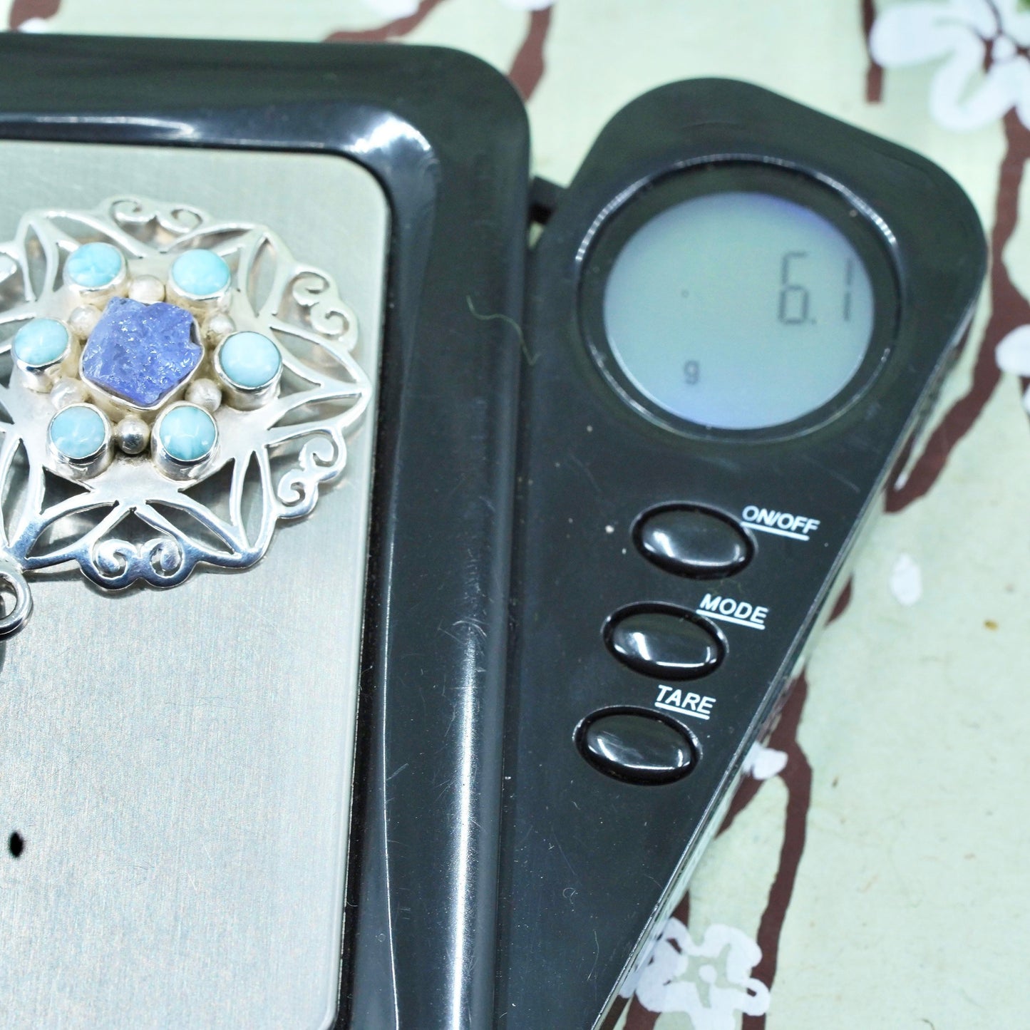 sterling silver handmade snowflake pendant, with blue druzy stone and Larimar