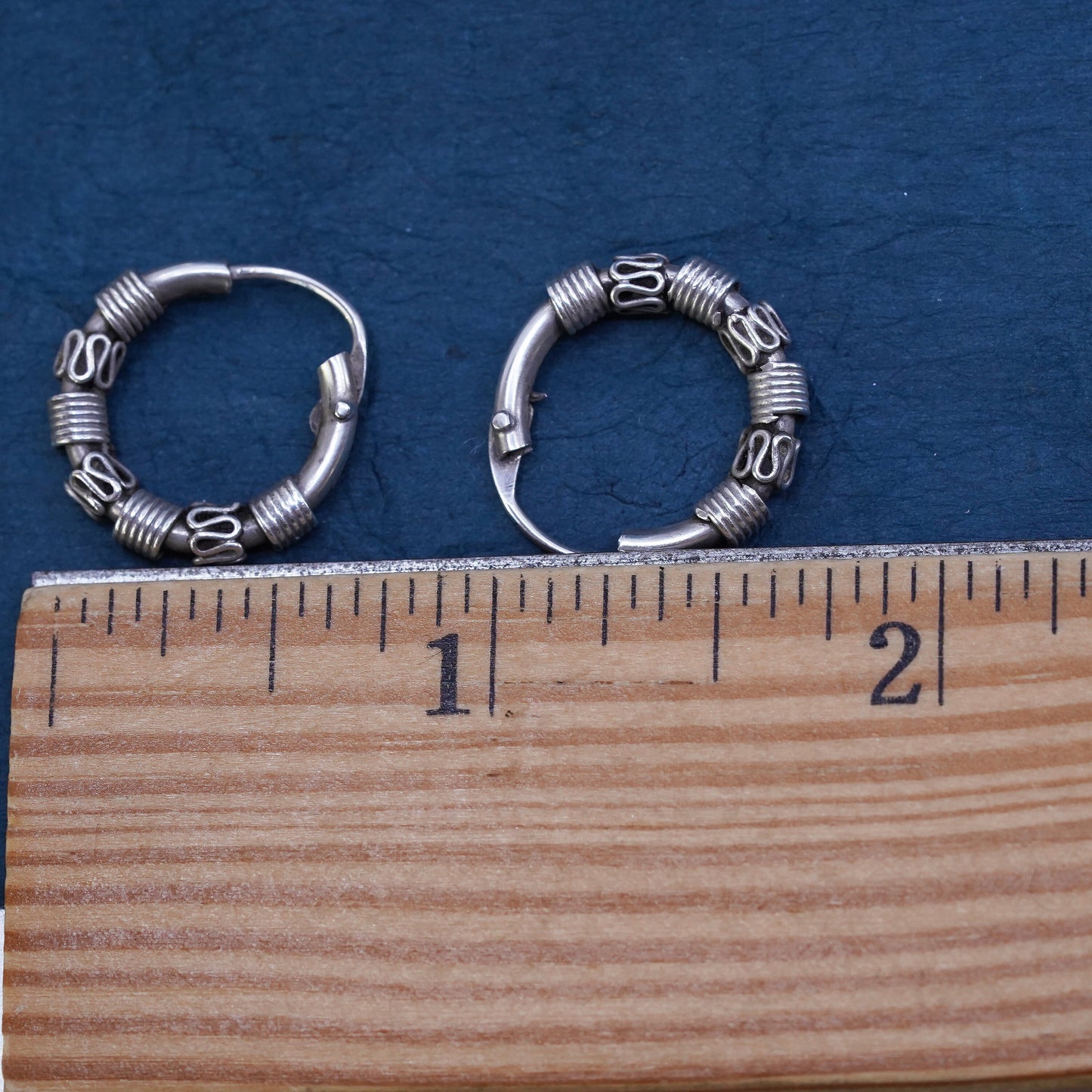 0.75”, vintage Sterling silver handmade earrings, textured 925 hoops, huggie