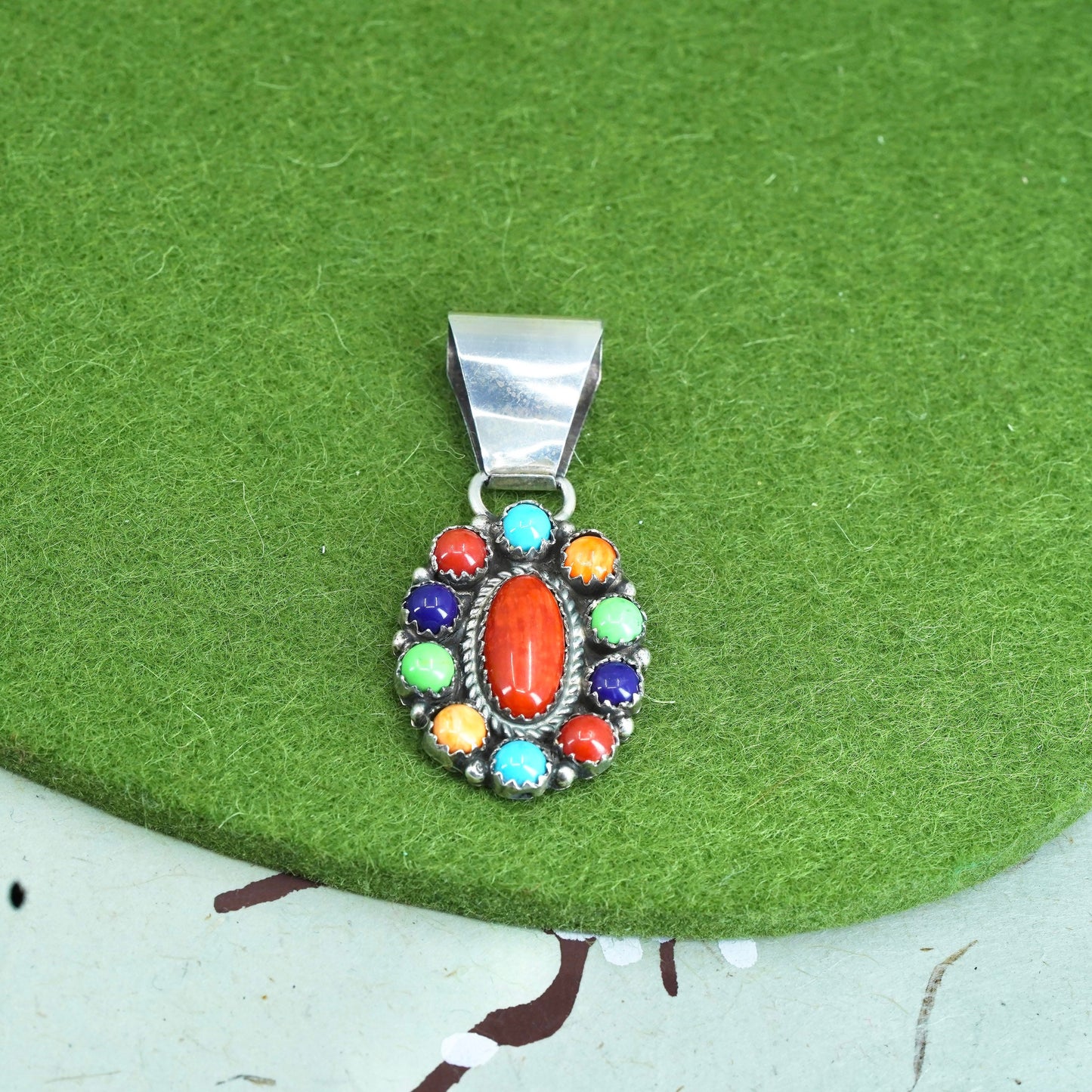 Native American SL sterling silver 925 handmade oval pendant turquoise coral