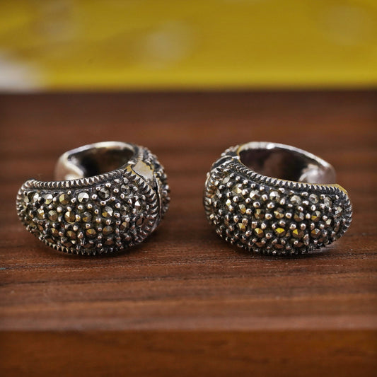 Vintage Judith Jack Sterling silver earrings, 925 huggie Hoops with marcasite