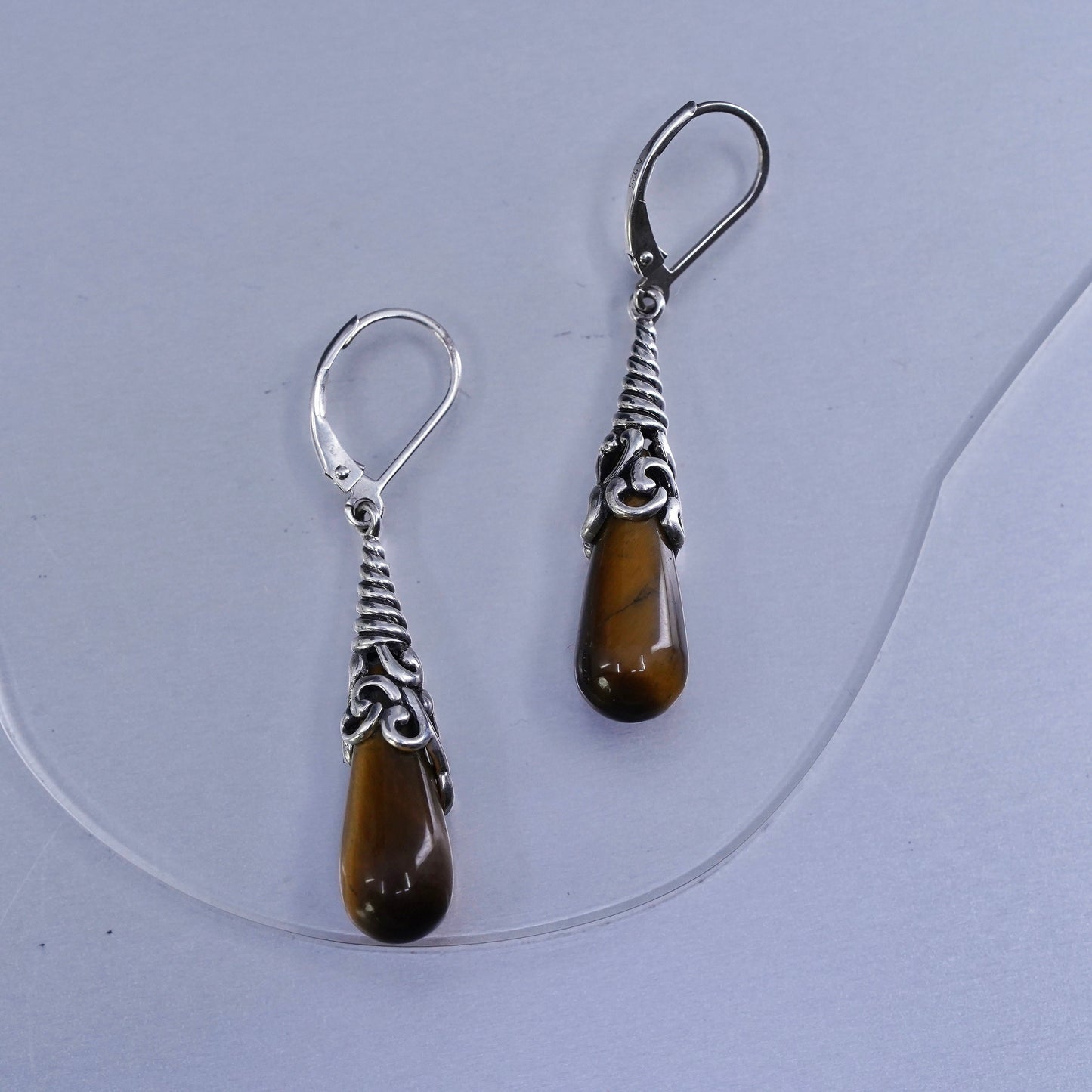 Vintage Sterling 925 silver handmade earrings with teardrop golden tiger eye