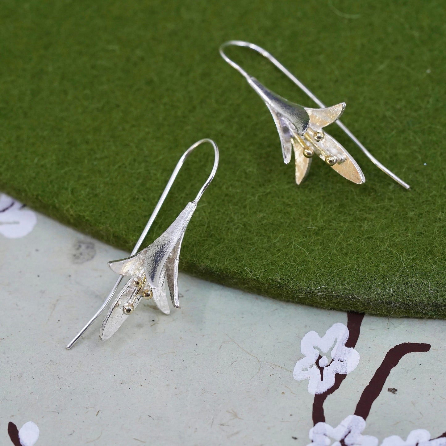 Vintage Sterling silver handmade earrings, Lily flower dangles